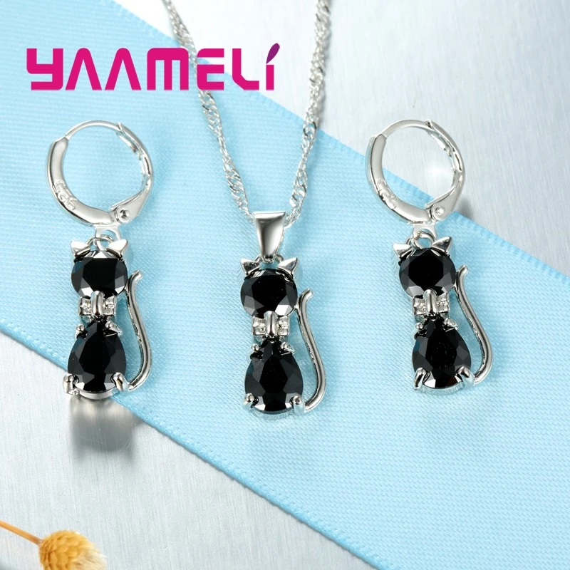 Real 925 Sterling Silver Color Jewelry Sets for Woman Girls Shining Austrian Crystal Cute Cat Pendant Necklace Huggie Earring - Image 2