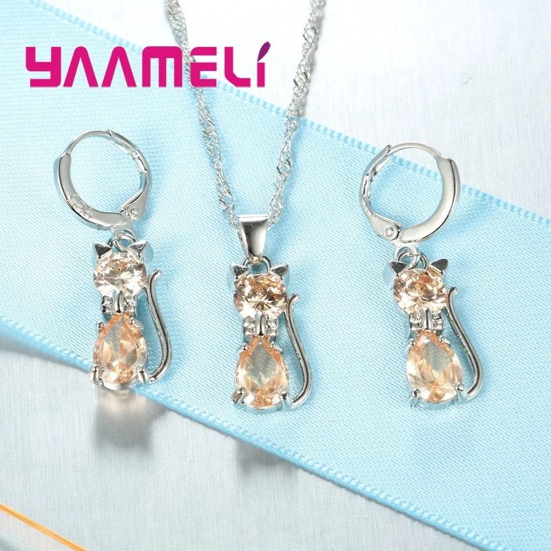 Real 925 Sterling Silver Color Jewelry Sets for Woman Girls Shining Austrian Crystal Cute Cat Pendant Necklace Huggie Earring - Image 4