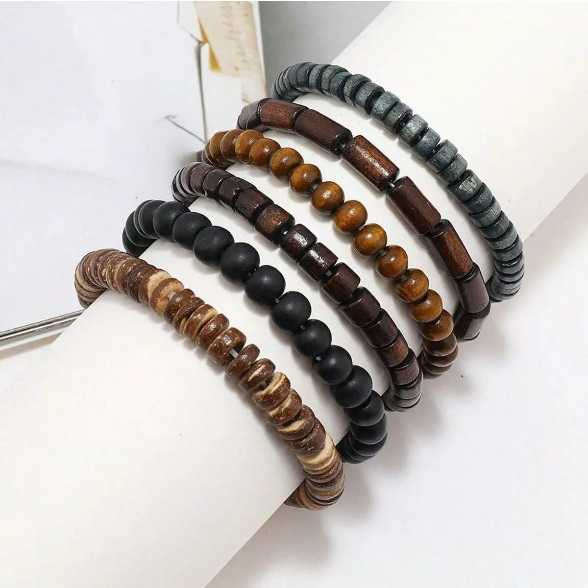 6PCS Wodeen Braided Wrap Leather Bracelet for Men Vintage Life Wood Beads Fashion Male Armband - Image 4