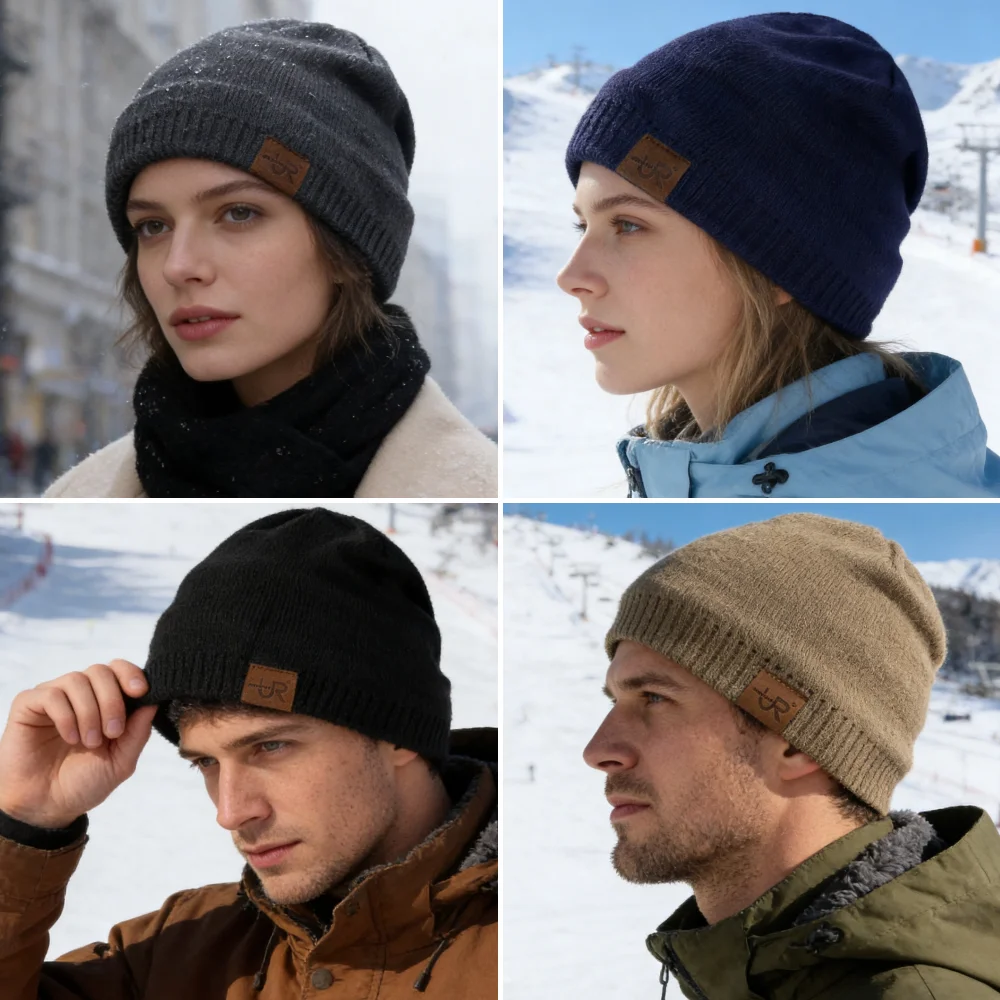 Unisex URGENTMAN Labal Winter Hats Solid Color Knitted Hats For Men And Women Beanie Cap Outdoor Add Fur Lining Warm Sports Hats - Image 3