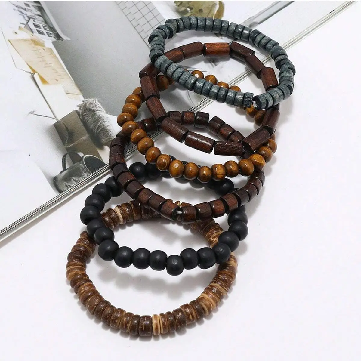 6PCS Wodeen Braided Wrap Leather Bracelet for Men Vintage Life Wood Beads Fashion Male Armband - Image 3