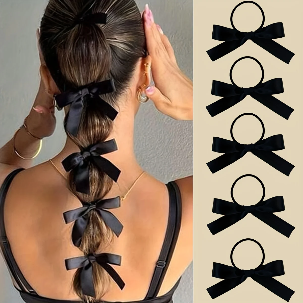 5Pcs Women's Style, Fashionable and Cute, Black Bow Hair Tie, Suitable for Daily Use, Recommended Gift Hair Accessories