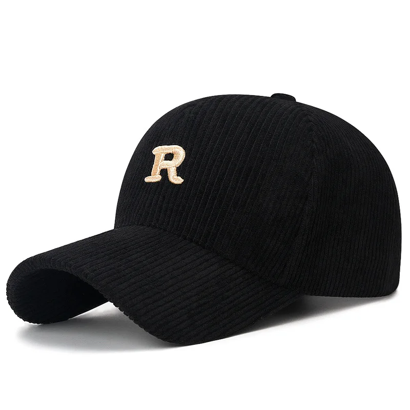 Corduroy Baseball Cap with 3D Embroidered 'R' Letter Solid Color Adjustable Structured Hat Stylish Fall and Winter Accessory - Image 2