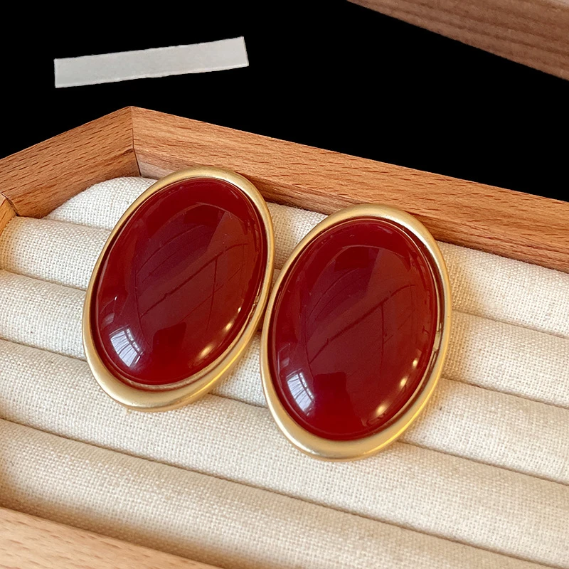 Vintage Red Resin Women's Earrings Stud Earrings Luxury large Geometric Oval earrings Party Wedding Ear Jewelry Wholesale - Image 5