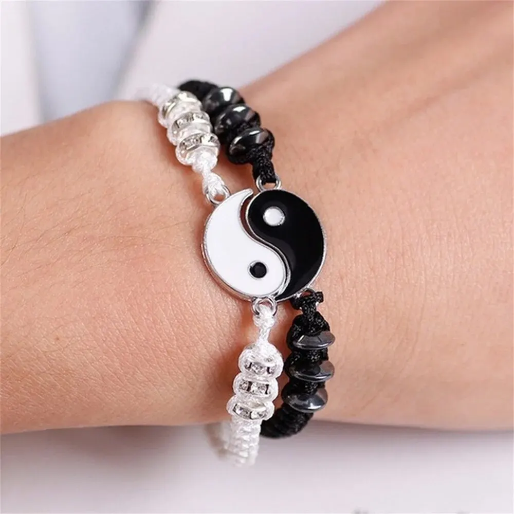 2 PC Jewelry Set Couple Black White Tai Chi Bracelet Rope Adjustable Chain Set Simple Style Daily Wear Jewelry - Image 5