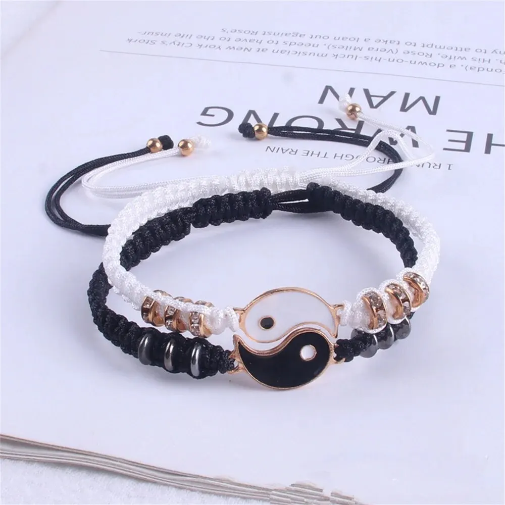 2 PC Jewelry Set Couple Black White Tai Chi Bracelet Rope Adjustable Chain Set Simple Style Daily Wear Jewelry - Image 2