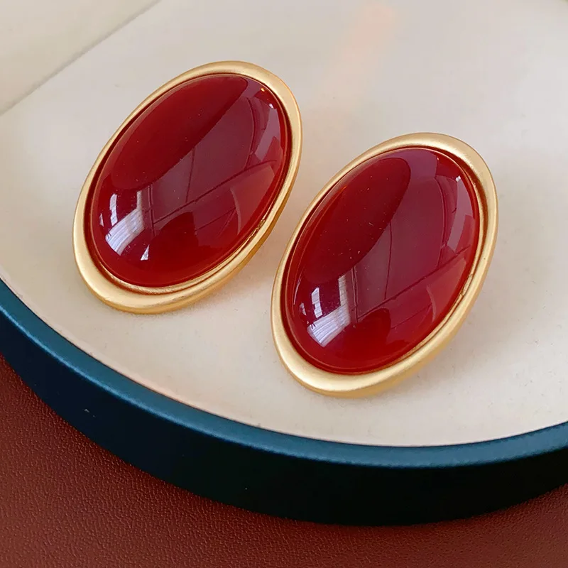Vintage Red Resin Women's Earrings Stud Earrings Luxury large Geometric Oval earrings Party Wedding Ear Jewelry Wholesale - Image 2