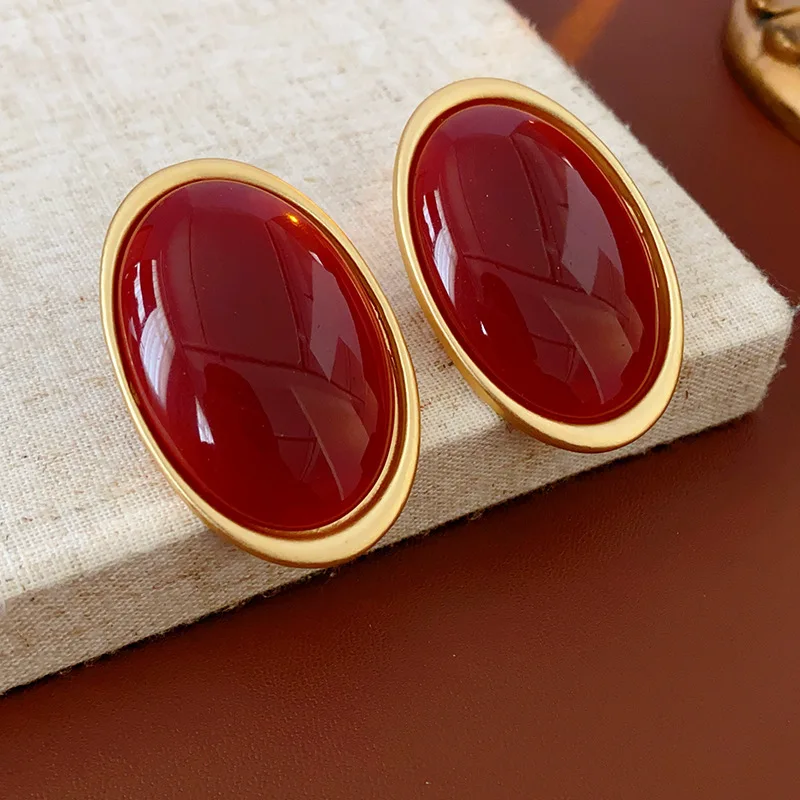 Vintage Red Resin Women's Earrings Stud Earrings Luxury large Geometric Oval earrings Party Wedding Ear Jewelry Wholesale - Image 4
