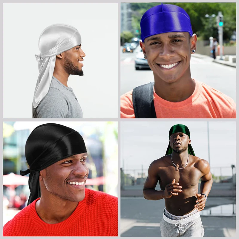 3PCS/LOT Men Silky Durag Long Tail Pirate Hat Headband Turban Dome Wave Cap Unisex Wig Cap Elastic Band Satin Bonnet - Image 3