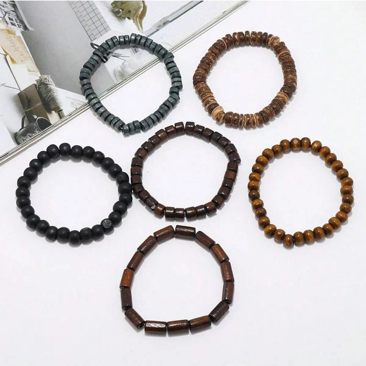 6PCS Wodeen Braided Wrap Leather Bracelet for Men Vintage Life Wood Beads Fashion Male Armband - Image 2