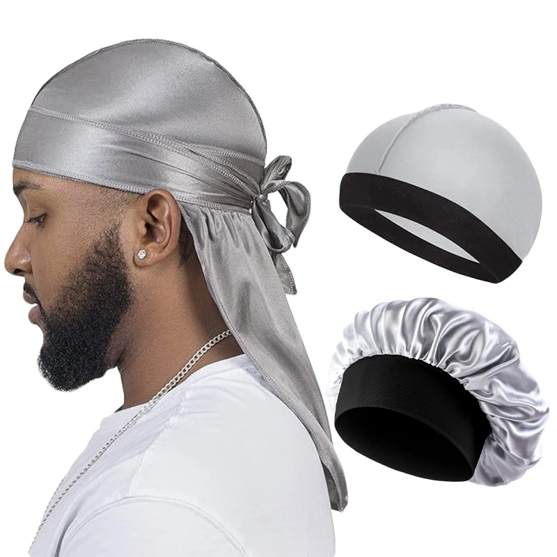 3PCS/LOT Men Silky Durag Long Tail Pirate Hat Headband Turban Dome Wave Cap Unisex Wig Cap Elastic Band Satin Bonnet - Image 6
