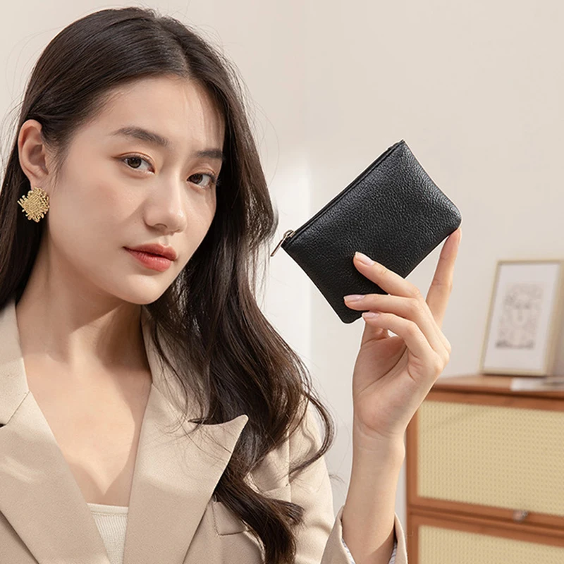 Women PU Leather Coin Purse Retro Litchi Pattern Zipper Pouch Mini Change Purses Unisex Solid Wallets Card Holder Storage Bag - Image 2