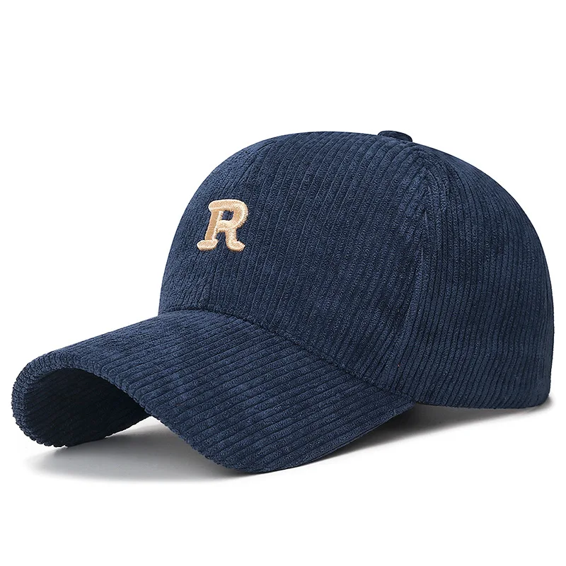 Corduroy Baseball Cap with 3D Embroidered 'R' Letter Solid Color Adjustable Structured Hat Stylish Fall and Winter Accessory - Image 3
